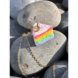 Handmade Rainbow Cake Slice Necklace , Polymer Clay Jewelry, Food Charm Necklace